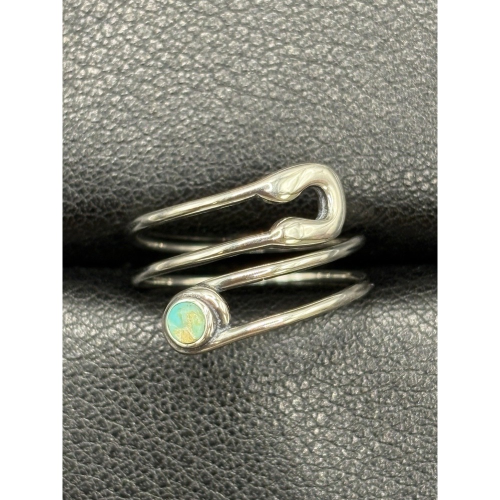 New Condition Sterling Silver Genuine Turquoise Saftey Pin Ring Size 7 E4
